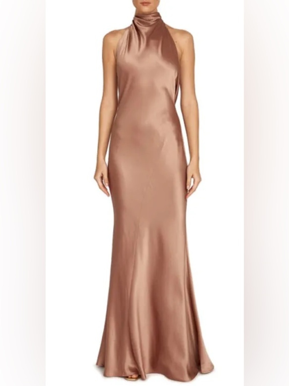 Sau Lee Calypso Chain Detail Mock Neck Silk Blend Gown in Taupe